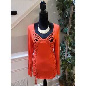 Venus Top Women's Large Orange Long Sleeve Lace Up Corset Style Stretch Tunic